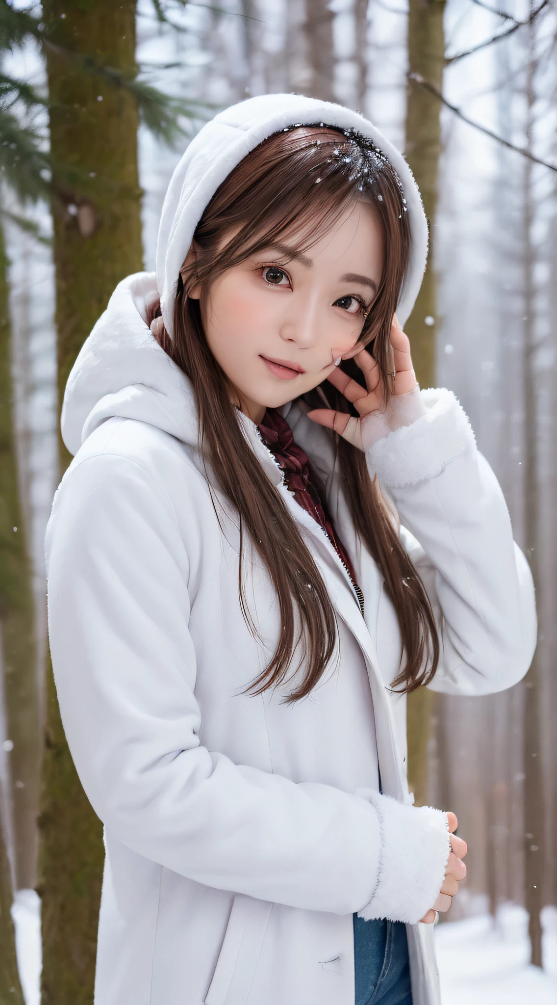 (Highly detailed CG Unity 8k wallpaper, top quality, ultra-detailed, high resolution, masterpiece, realistic, photorealistic:1.5), (cute Japanese girl), extremely detailed face, face focus, beautiful detailed eyes, eye focus, (detailed background), detailed clothes, super detailed skin, (wearing mini dress:1.5), (white hood:1.3), (white long cloak:1.5) , (white wool gloves:1.5), (soft sunlight:1.5), (in the winter forest:1.3), (snowing a lot:1.3), (Christmas tree:1.3), (lots of Christmas gift boxes), midi wavy hair, brown hair, floating hair, medium breast, medium ass, (make up), (adorable smile:1.3), (POV:1.6),