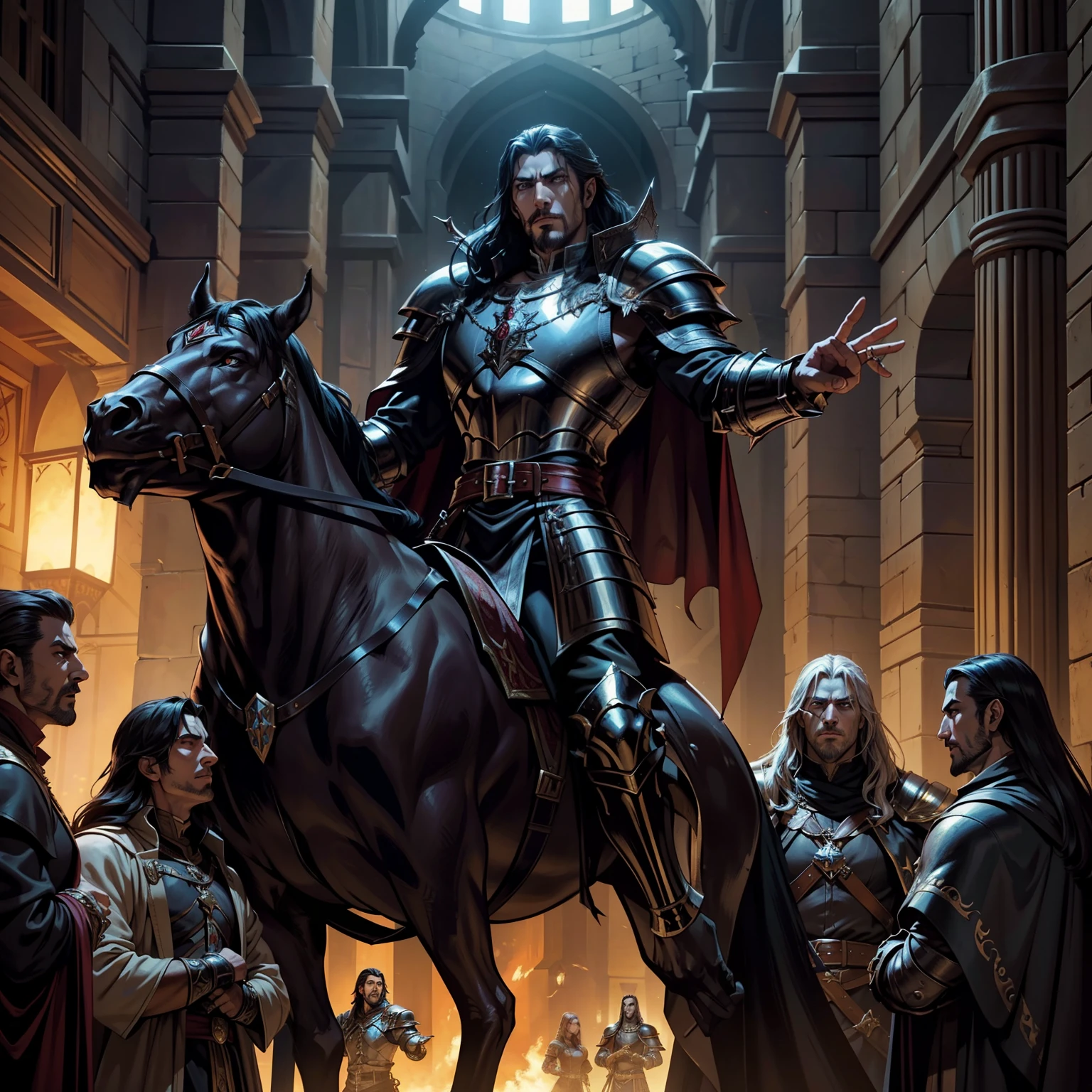 Castlevania Lord of the Shadows hyper realistic super detailed Dynamic shot masterpiece cinematic scene scenes movie Epic Legendary Lord Dracula consulting his people men wearing medieval Moroccan leather armor Wearing with demons surrounding him mounting the Respect for him Moroccan environment correct Anatomy correct proportions