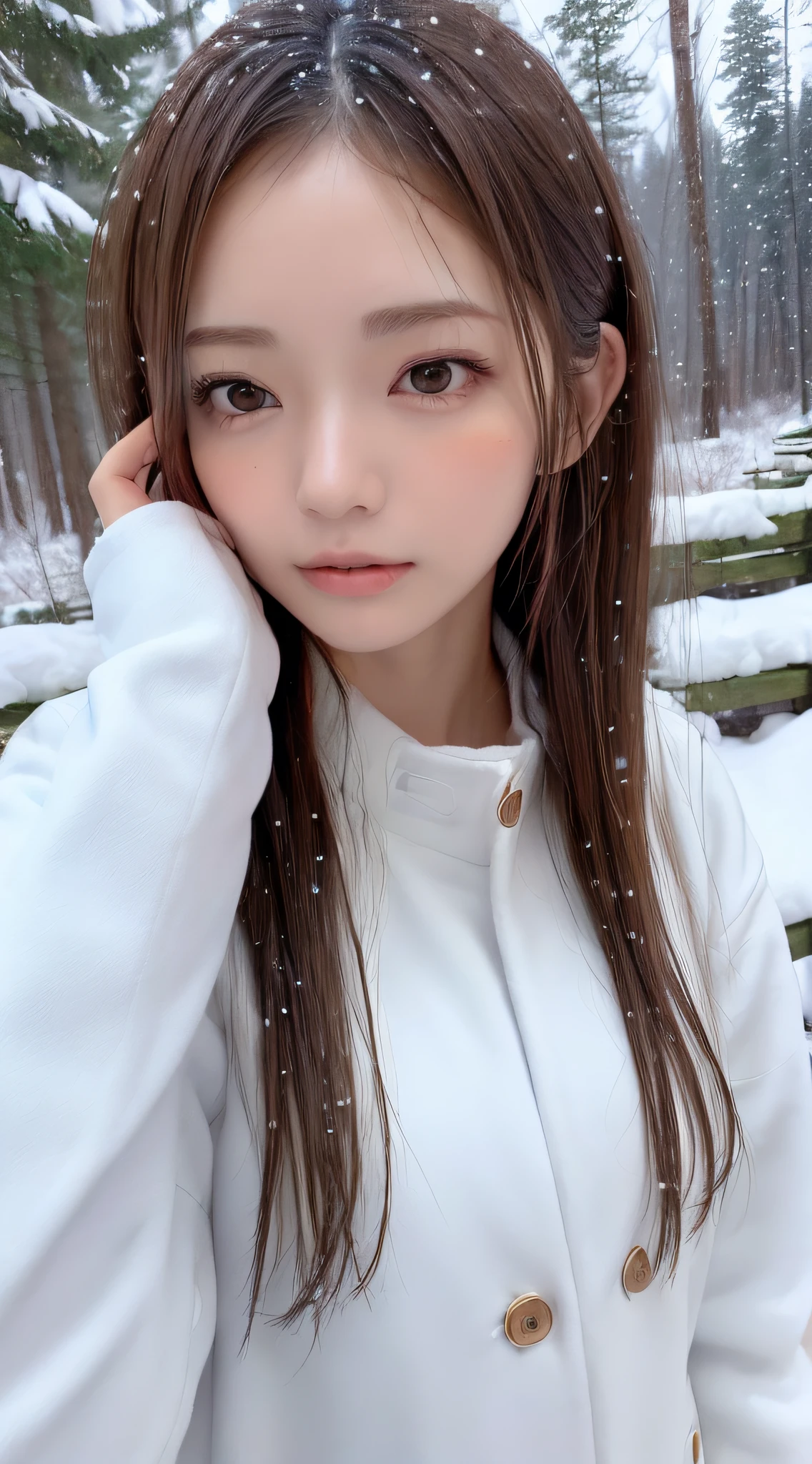 1womanl, (up of face:2.0), light brown hair, Blunt bangs, hair behind ear, hair over shoulder, Long hair, slender body shape, Ultra Fine Face, Thin face, Delicate lips, (beautidful eyes:1.5), thin blush, eyes are light brown,View here, Ultra-thin hands, Ultra-fine fingers, best ratio four finger and one thumb, (realisitic:1.3), white longcoat, muffler , gloves、Coniferous forest with heavy snowfall, It's snowing  .One-person viewpoint,  8K, masutepiece, nffsw, Super Detail, High quality, Best Quality, hight resolution,