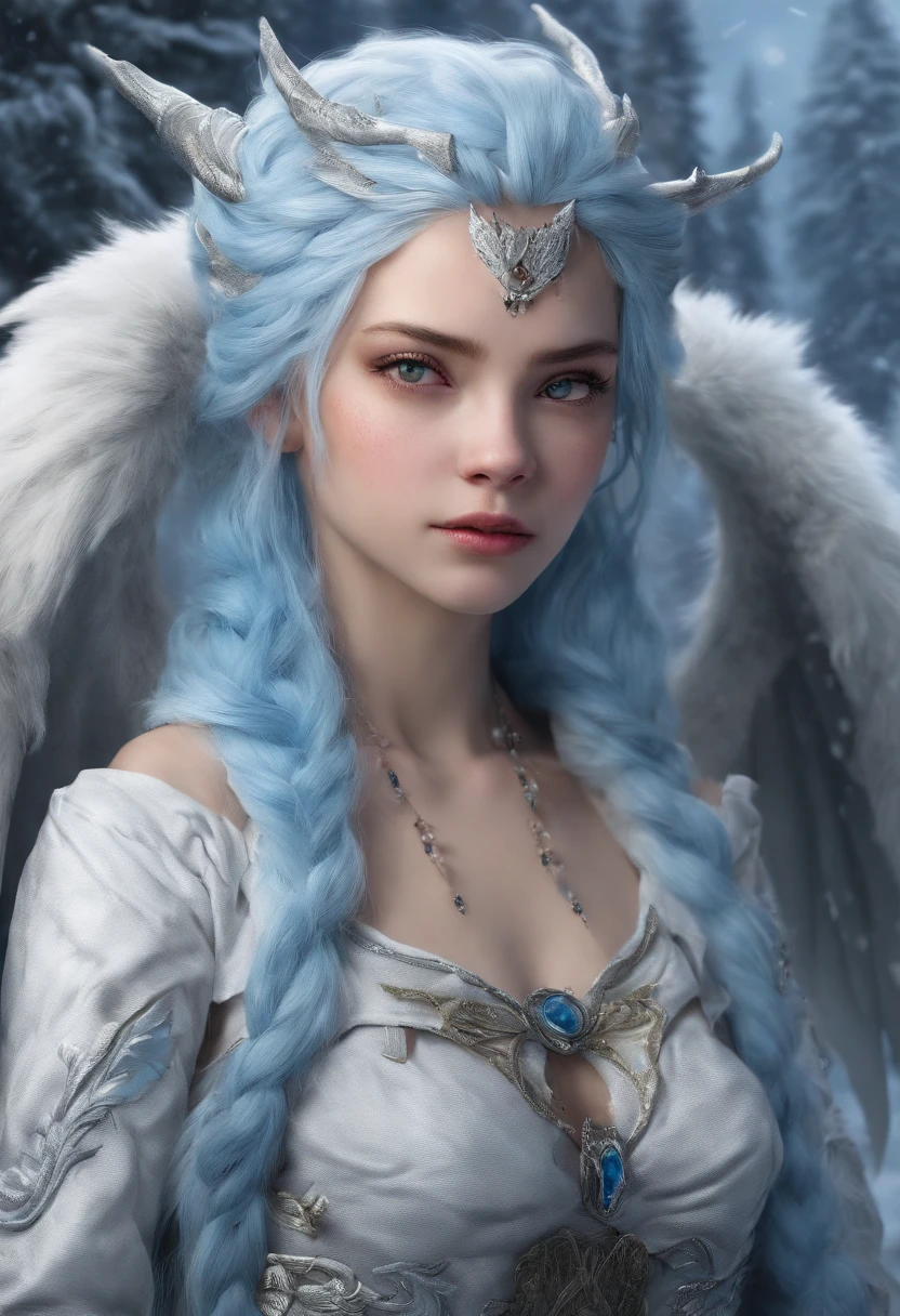 A snow place, a dragon girl with a long BLUE hair, with big wings, long dragon tail, dragon Sales over skin and wings,