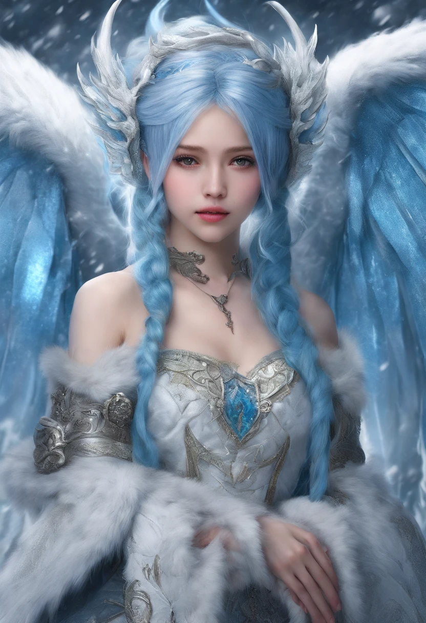 A snow place, a dragon girl with a long BLUE hair, with big wings, long dragon tail, dragon Sales over skin and wings,