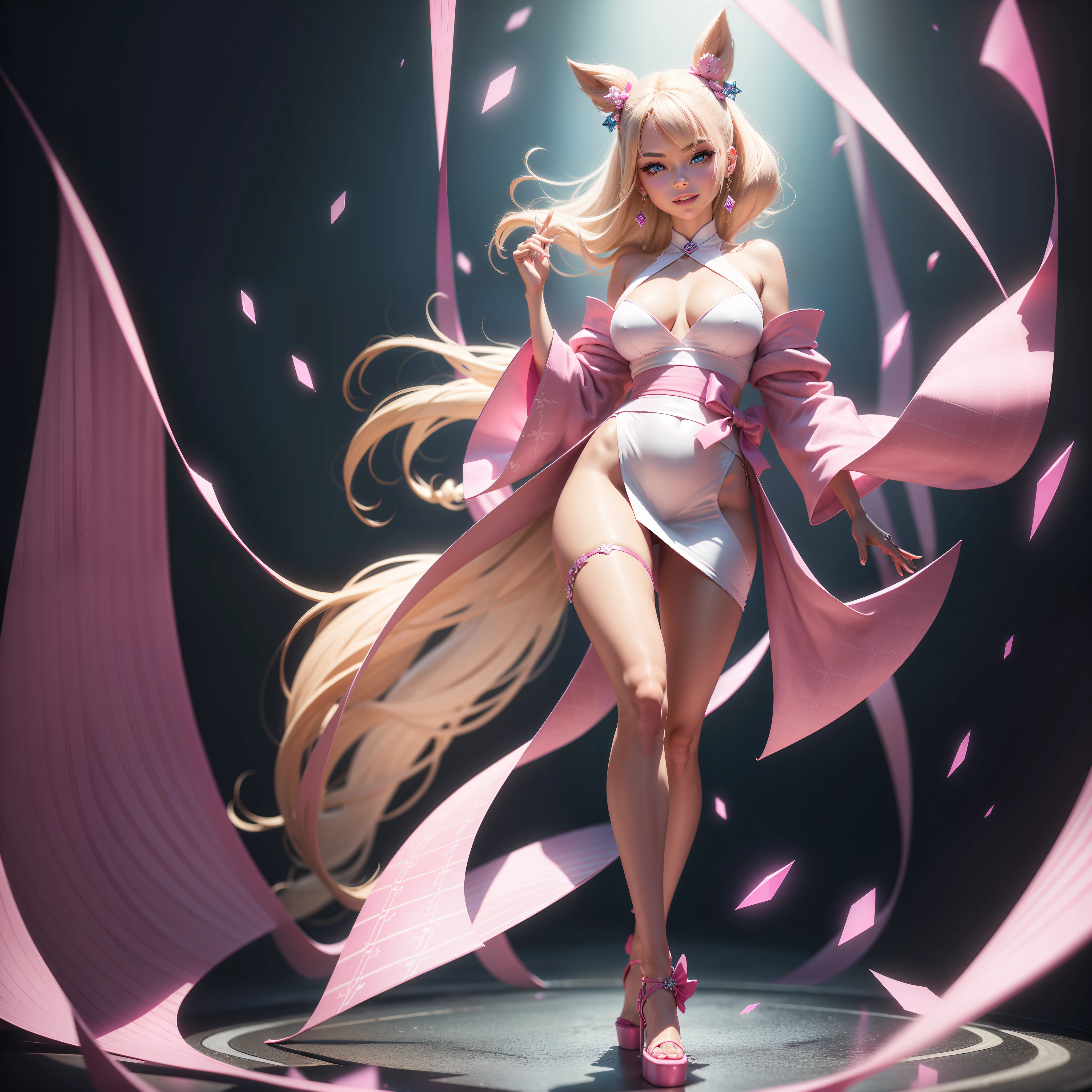 Barbie, ((Full body)), Blue eyes, Smiling face, Hair loss swaying in the wind, Hip Hop Singer Pose, Dressed in hip-hop style, Wearing a pink kimono that reflects light,swarovski,pasties,With a pink bow on the arm, Fashion, Extremely high quality, high details, 8K, clean back ground, in studio, ((Full body shot)),Align your fingers neatly,Accurate Hand Modeling,wave her hand,