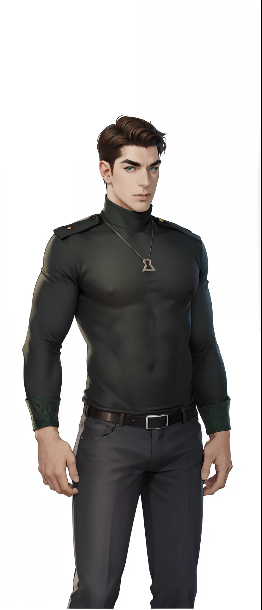 (absurdres, highres, ultra detailed), (1 male, solo, adult, mature, aged up, tall muscular guy, broad shoulders, handsome), wavy brown hair, green eyes, (angular jaw, thick neck, thick eyebrows), BREAK, forest, fantasy, Uniform, extremely detailed face, upper body,