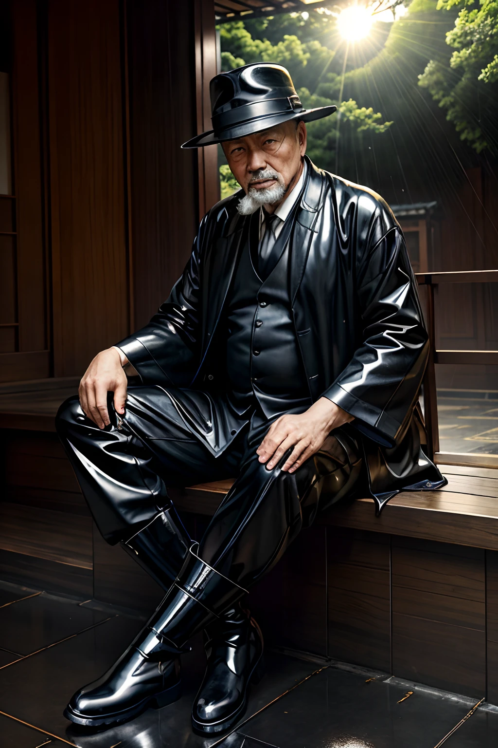 Old gentleman with a goatee，sit on chair，Black high-gloss rain boots, 8K分辨率,Wallpaper masterpiece，Best quality，Highly meticulous，Ultra high quality，The midday sun is a bit dazzling。