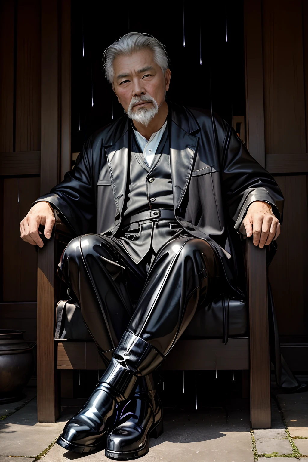 Old gentleman with a goatee，sit on chair，Black high-gloss rain boots, 8K分辨率,Wallpaper masterpiece，Best quality，Highly meticulous，Ultra high quality，The midday sun is a bit dazzling。