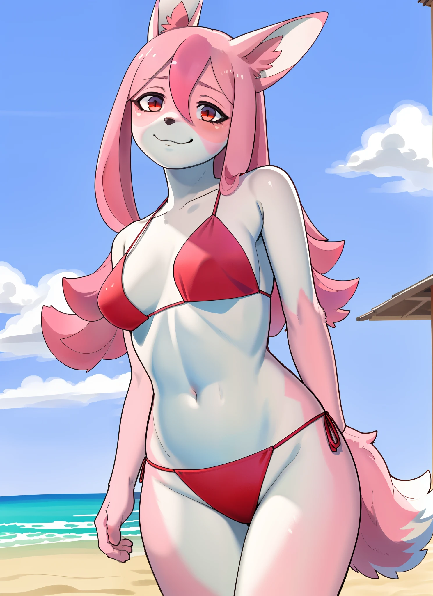 Nazuna_hiwatashi, furry, furry female, ears, tail, smile, red eyes, outside, pink hair, multicolored hair, wearing red bikini, at the beach, by gudlmok99, by kikurage, medium breasts, solo:1.1, full body shot, posing seductively
