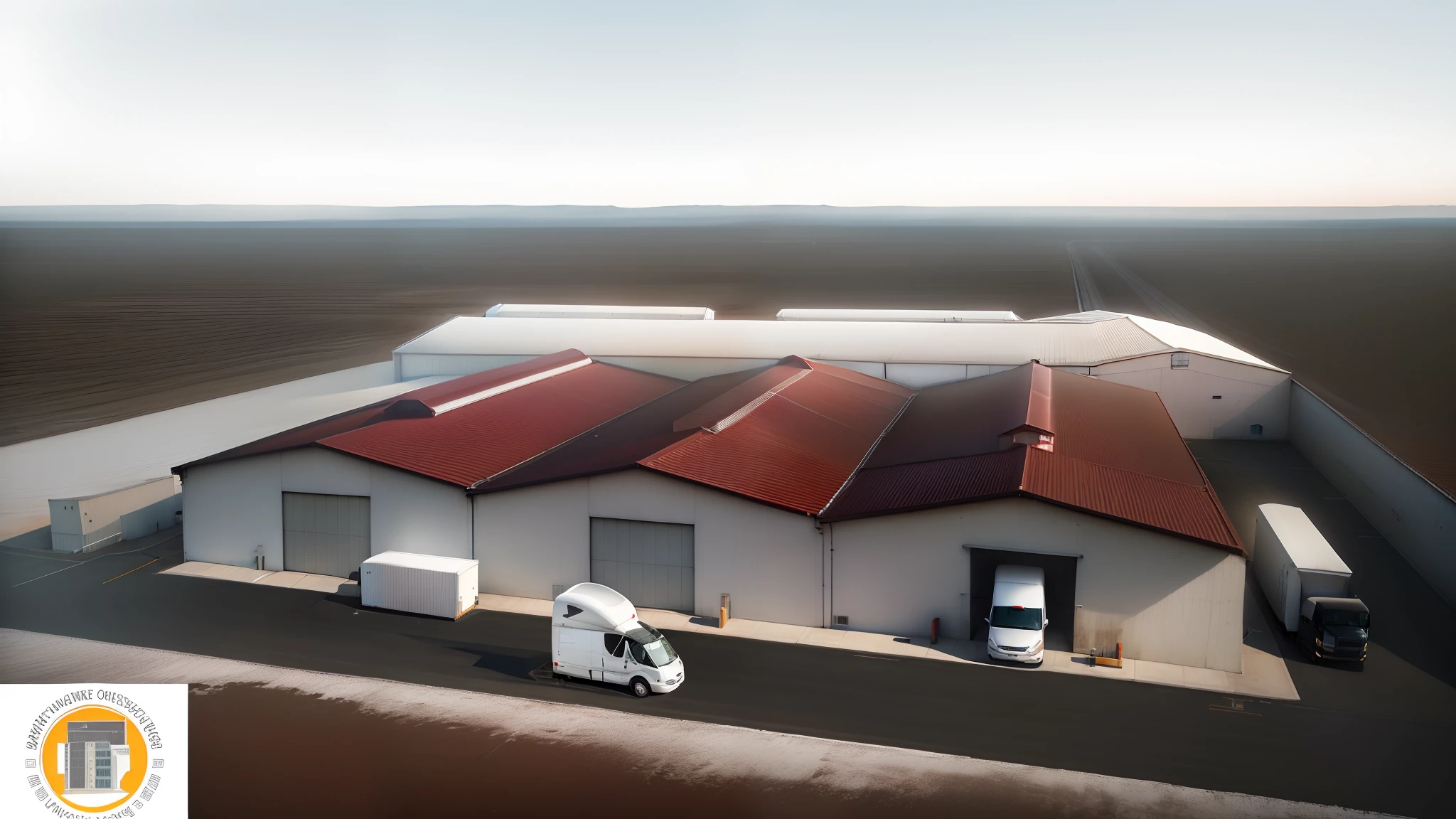 there is a white van parked outside of a building with a red roof, refrigerated storage facility, seen from above, exterior wide shot, warehouses, photo taken from above, aerial shot, wide aerial shot, seen from straight above, aerial, overhead shot, wide overhead shot, by Daniel Taylor, commercial photograph