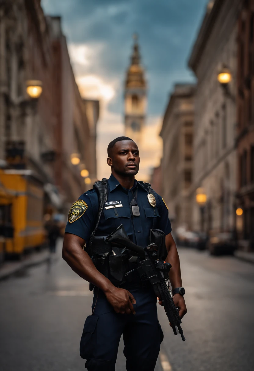 A black police man, (best quality,4k,8k,highres,masterpiece:1.2), ultra-detailed, (realistic,photorealistic,photo-realistic:1.37), portraits, vivid colors, studio lighting, sharp focus, professional, intense gaze, authoritative presence, confident posture, sleek police uniform, badge shining in the light, precision in every detail, strong build, four stars on the shoulder, powerful stance, determined expression, bustling city background, dynamic atmosphere, patrolling the streets, protecting the community, city lights reflecting on his uniform, towering buildings, glimpse of a crime scene, reassuring presence, dedicated to justice, symbol of law and order, action-packed scene, hero of the city, energetic composition, deep shadows and highlights, dramatic lighting, vibrant and rich color palette.