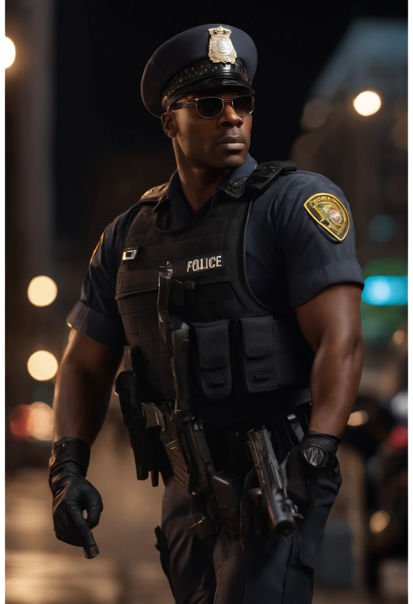 A black police man, (best quality,4k,8k,highres,masterpiece:1.2), ultra-detailed, (realistic,photorealistic,photo-realistic:1.37), portraits, vivid colors, studio lighting, sharp focus, professional, intense gaze, authoritative presence, confident posture, sleek police uniform, badge shining in the light, precision in every detail, strong build, four stars on the shoulder, powerful stance, determined expression, bustling city background, dynamic atmosphere, patrolling the streets, protecting the community, city lights reflecting on his uniform, towering buildings, glimpse of a crime scene, reassuring presence, dedicated to justice, symbol of law and order, action-packed scene, hero of the city, energetic composition, deep shadows and highlights, dramatic lighting, vibrant and rich color palette.
