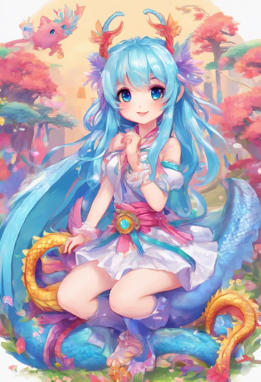 Um lugar de neve, A dragon girl with long blue hair, com asas grandes, long dragon tail, Dragon Sales on Skin and Wings,