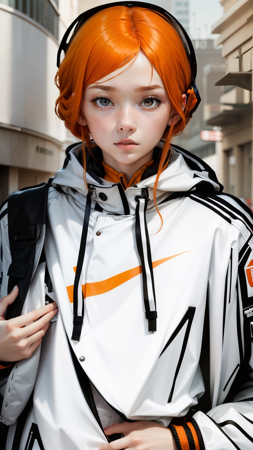 i girl, realistic, orange hair, white jacket