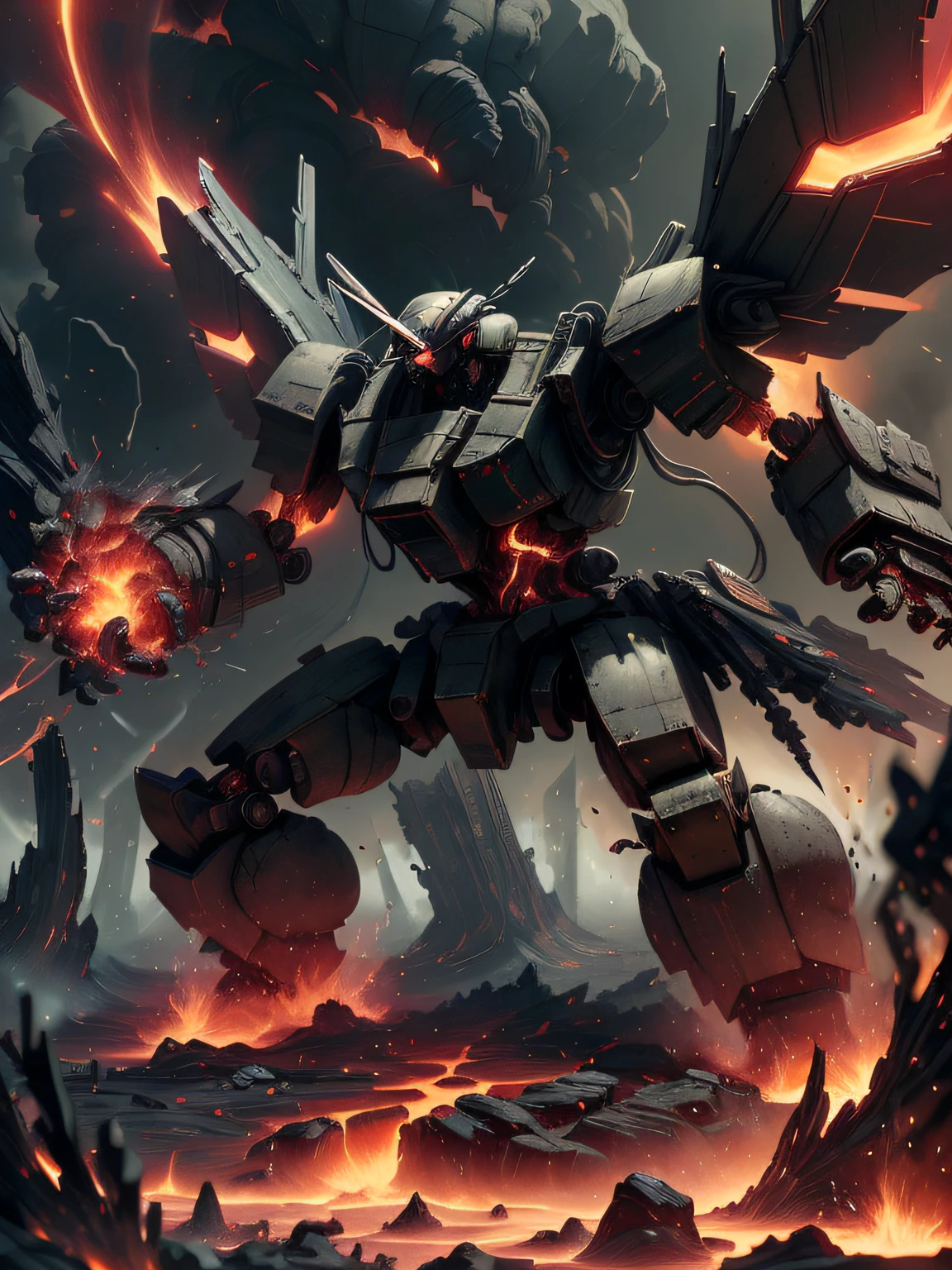 masterpiece, MagmaTech, lava, blazing, eruption,flame wings battle mech,floating stones , debris, cityscape,