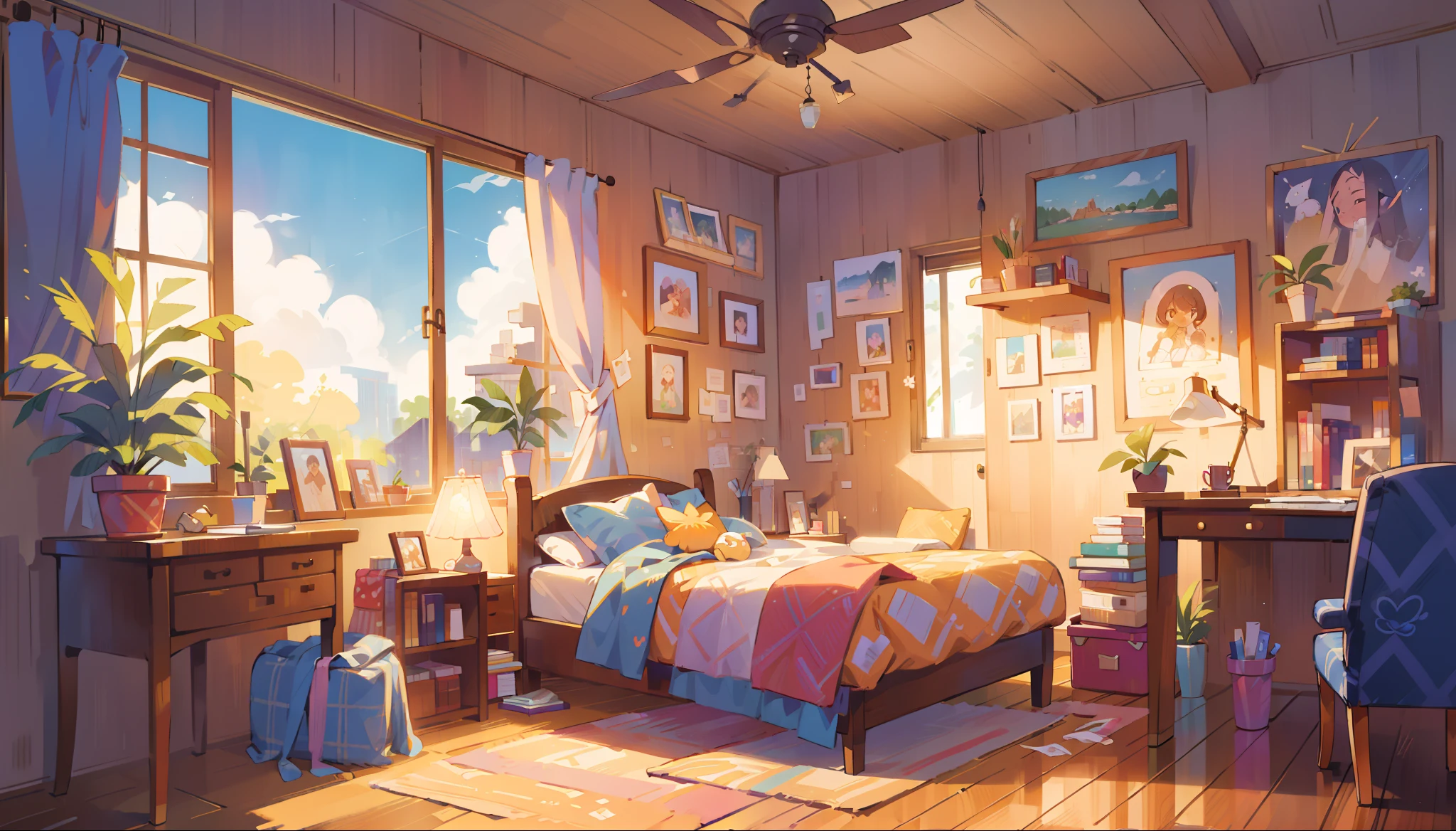 (best quality,4k,8k,highres,masterpiece:1.2),ultra-detailed,realistic,bedroom,sun,uplighting,vibrant colors,floor-to-ceiling windows,morning light,cozy,airy,soft sunlight,fresh start,clean and tidy,crisp sheets,warm atmosphere,comfortable,relaxing,spacious,modern design,minimalist style,elegant furniture,wooden flooring,plush carpet,large bed with a soft duvet,pillows in different sizes,bedside table with a lamp,curtains gently fluttering,plants on the windowsill,abstract artwork on the wall,bookshelf filled with books,desk with a chair,floor lamp for reading,peaceful ambiance.