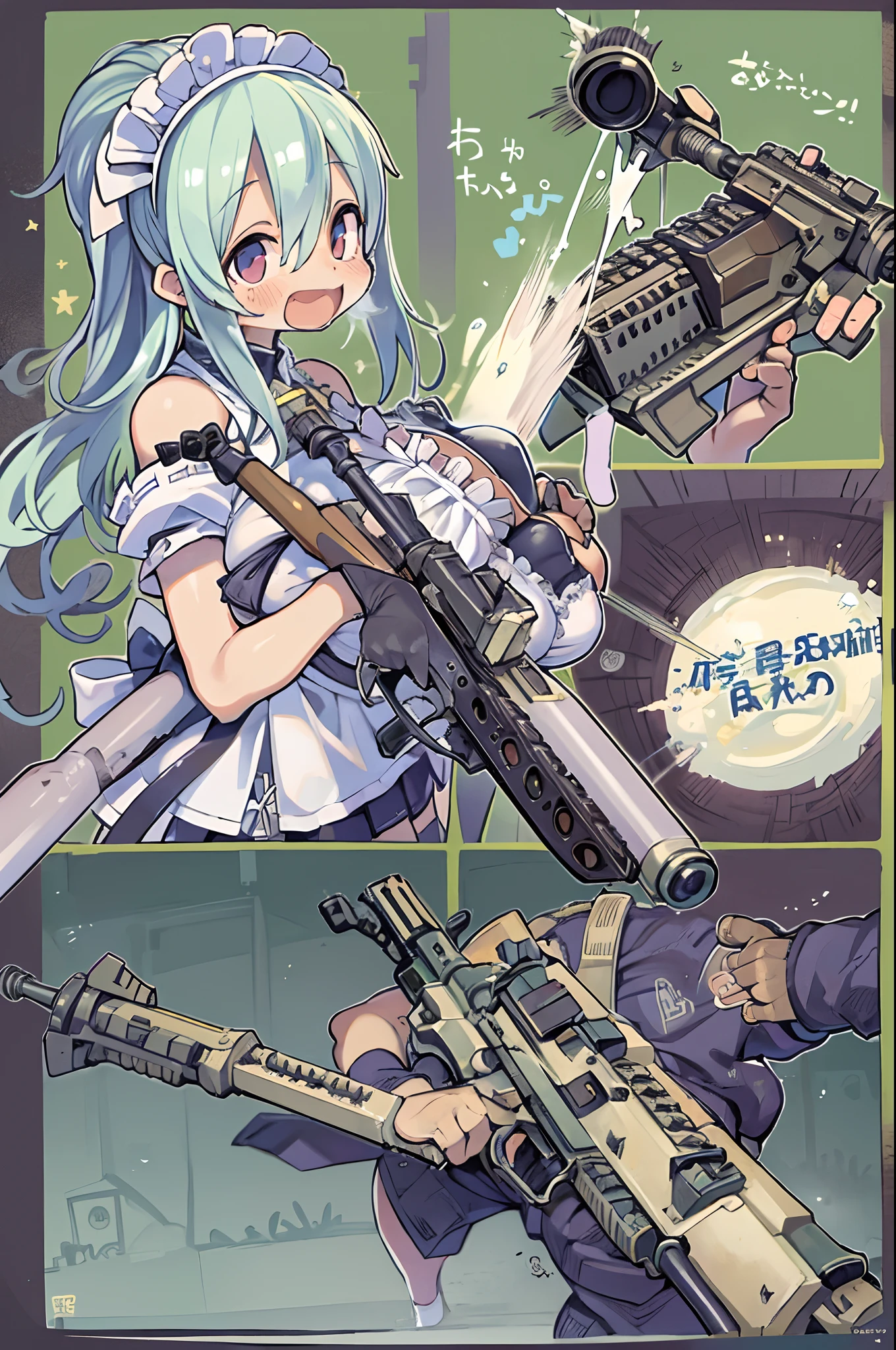 masutepiece, Best Quality, 1girl in, Empty eyes, Utsurome, maid, Smile,a child girl,Lori,(((Huge assault rifle)))