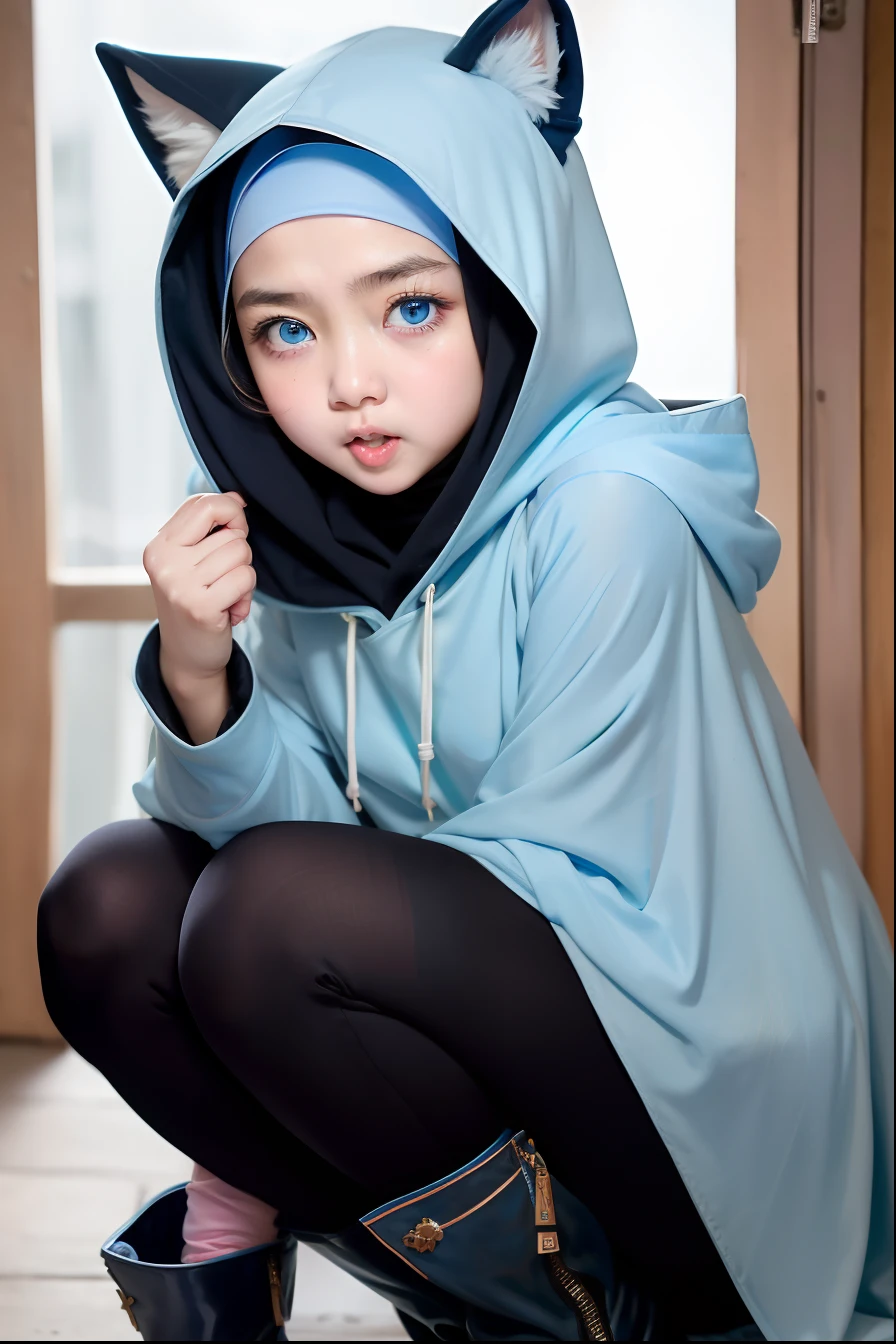 masterpiece, best quality, 1 malay girl in hijab, solo, blush, (blue_hijab), (messy hijab), (light_blue_eyes:1.34), black cloak, animal_ear hoodie, hood up, corset, white_blouse, black_boot, shameful, shy, open mouth