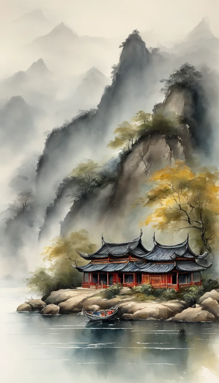 Chinese landscape painting，ink and watercolor painting，Smudge，Faraway view，Ultra-wide viewing angle，Meticulous，Beautifully depicted，Pavilions、Delicate