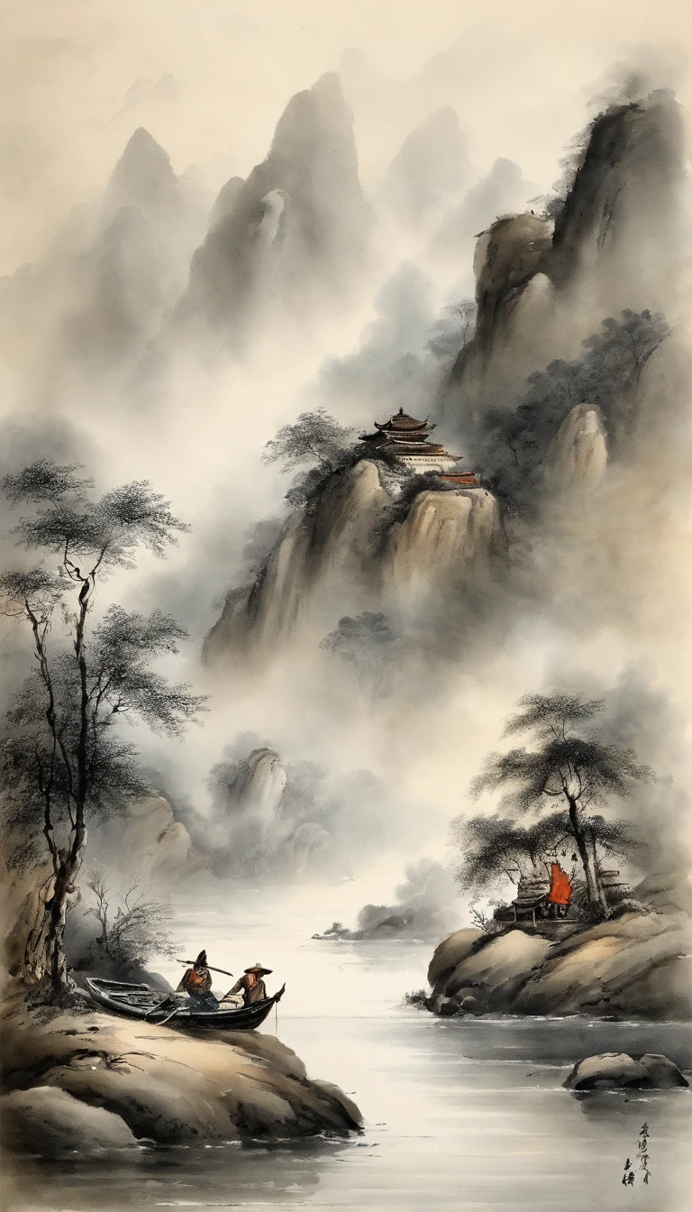 Chinese landscape painting,ink and watercolor painting,water ink,ink,Smudge,Faraway view,Ultra-wide viewing angle,Meticulous,Light boat in the distance,Faraway view,Meticulous,Smudge,Fog,misterious,low-saturation,Low contrast,The light boat has crossed the Ten Thousand Heavy Mountains,Beautifully depicted,A detailed,acurate,Works of masters,tmasterpiece