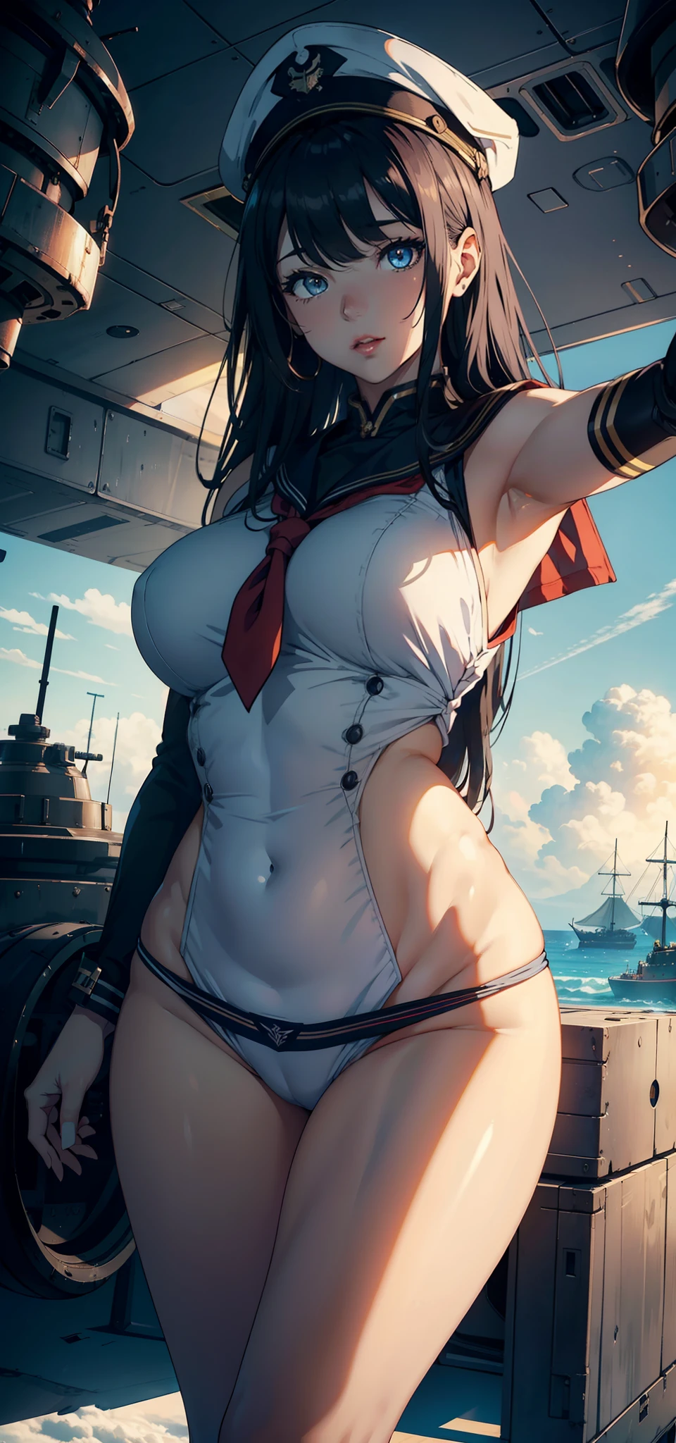 1female，35yo，plumw，extremely large bosom， 独奏，（Background with：Huge machinery，droid，aerodrome，Planes，Huge mechanical armor，） She has long black hair，bobo head，Stand on the plane，，seen from the front， hair straight， mostly cloudy sky，（（（tmasterpiece），（Very detailed CG unity 8K wallpaper），best qualtiy，cinmatic lighting，detailed back ground，beatiful detailed eyes，Bright pupils，Blue eyes，Snow-whiteskin，Redlip（Very fine and beautiful），（Beautiful and detailed eye description），ultra - detailed，tmasterpiece，））facing at camera，A high resolution，ultra - detailed），revealing breasts，Bare genitalia，  Bulge，legs are open，Raised sexy，Camel toes，Flushed complexion，Desire for dissatisfaction，frontage，marine，Sailor's cap，（Wearing：sailor uniformm，Bare breasts）