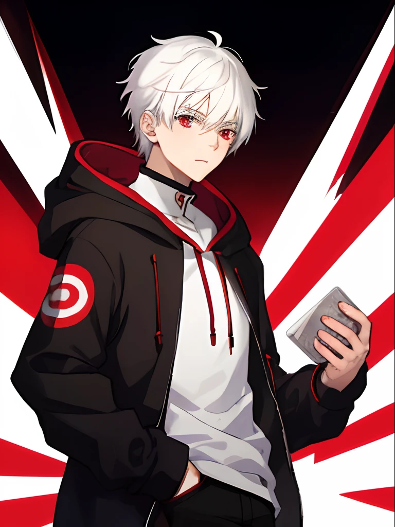 1boy, white hair, anime, red eyes, black hoodie