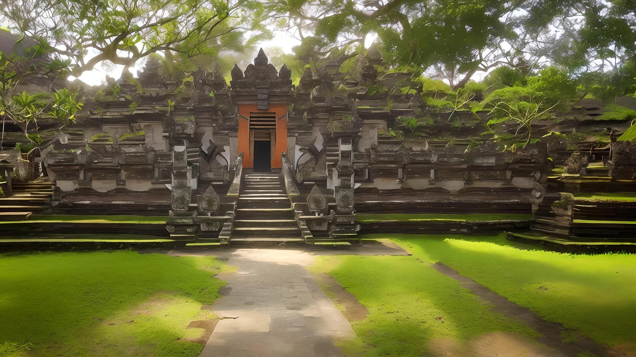 Landscape, Baligapura Gate, Statues, Wall stones, village, detailed, decoration, Bali island, wood, grass, blossom, Frangy Fani flowering tree, Epic, dawn, tooth, with dramatic lighting, a faint light, Bokeh, Advantre