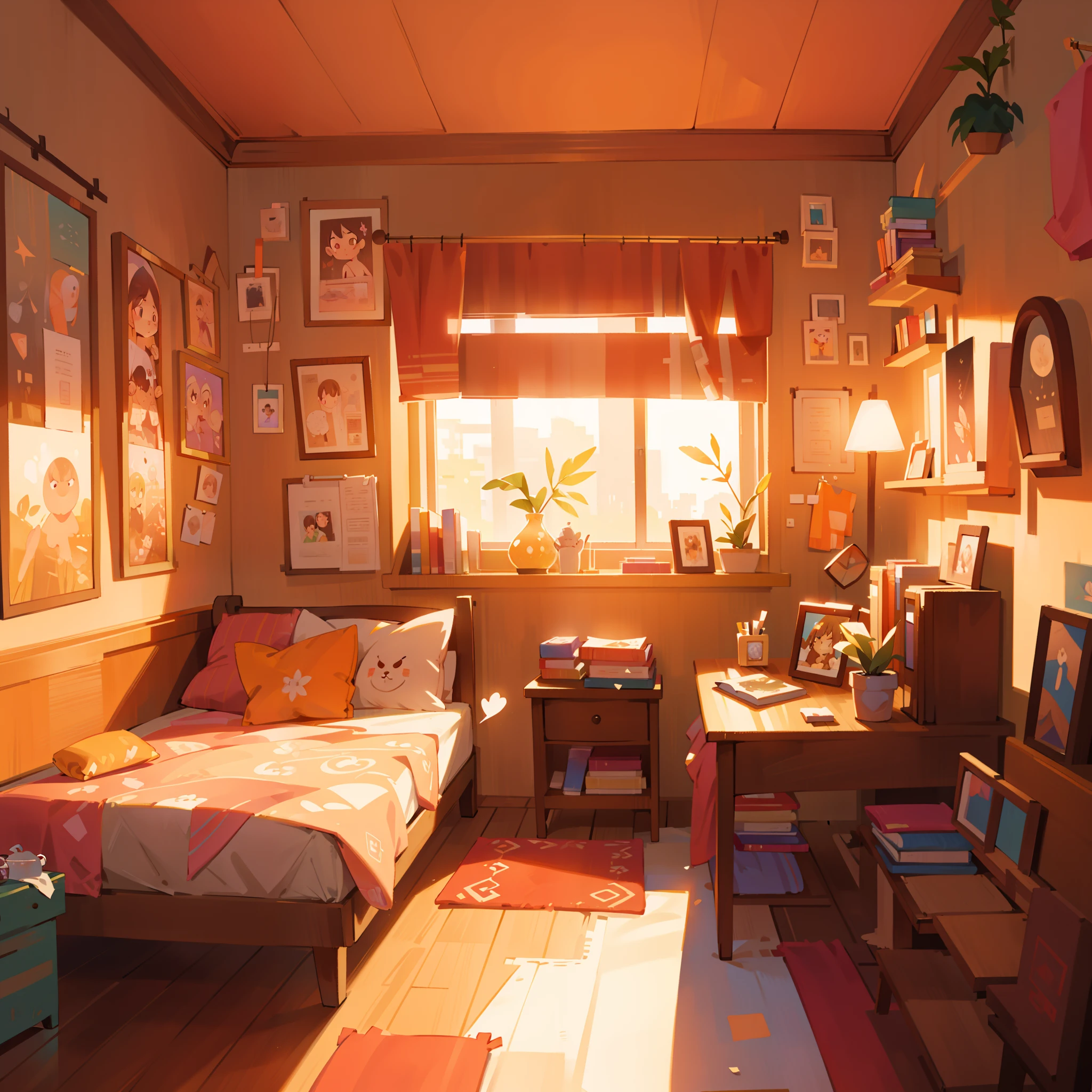 a bedroom with a beautiful sunset (best quality, highres, vivid colors), warm orange and pink color tones, cozy and comfortable atmosphere, sunlight streaming through the window, soft and gentle lighting, a big, luxurious bed with fluffy pillows and a thick blanket, elegant and stylish furniture, a spacious and well-decorated room, a picturesque view of the setting sun, a relaxing and peaceful ambiance, a sense of tranquility and serenity