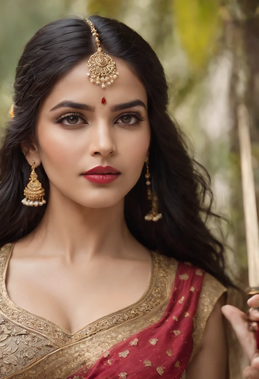 (photorealistic:1.37),indian women,sexy warrior,sword in hand,detailed eyes,detailed lips,long black hair,golden jewelry,flowing fabrics,navel,sexy top wear,vibrant colors,ornate headpiece,ornamental hilt,confident expression,graceful pose,beautiful backdrop,warrior princess