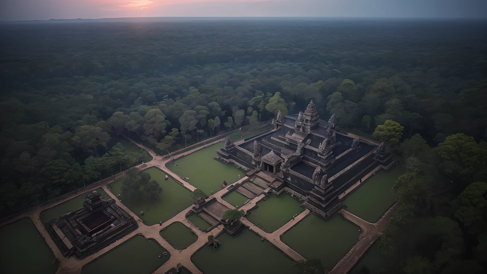 from above, langscape of angkorwat indonesian bali at dawn, monk, ruins, temple, statue, most, tree, root, stone, epic, dim light, realistic, details, ornament, advntr