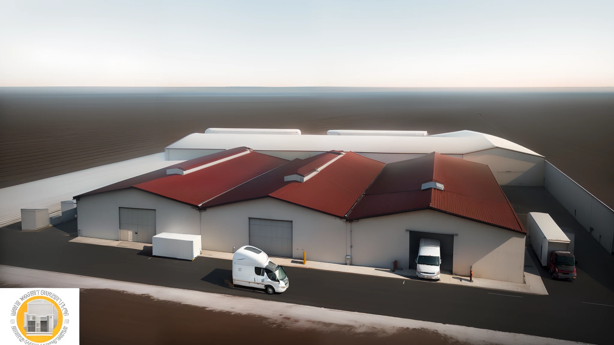 there is a white van parked outside of a building with a red roof, refrigerated storage facility, seen from above, exterior wide shot, warehouses, photo taken from above, aerial shot, wide aerial shot, seen from straight above, aerial, overhead shot, wide overhead shot, by Daniel Taylor, commercial photograph
