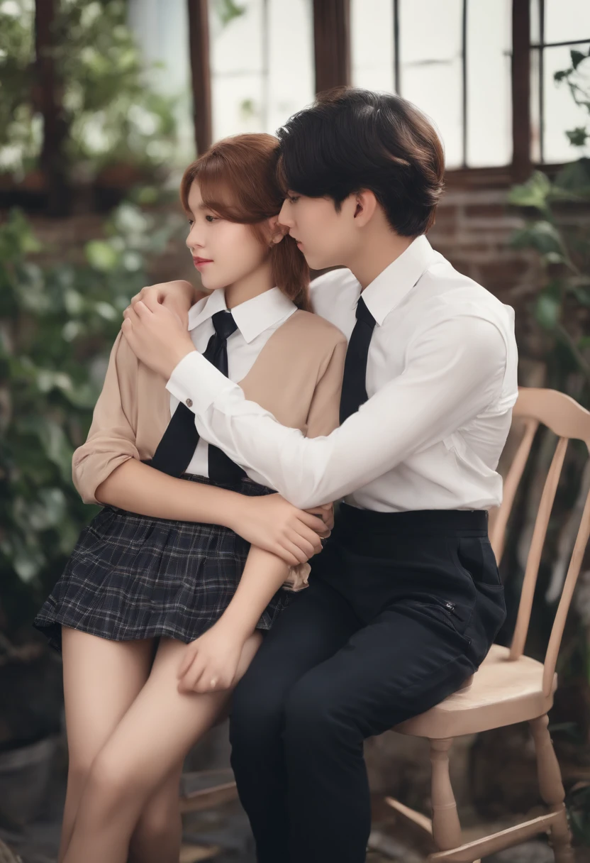 Male and female couples Girl sitting on a chair wearing a tight skirt over a blouse。Boys hugging each other from behind。Boy in high school long pants uniform with mash cut hairstyle。Without glasses
