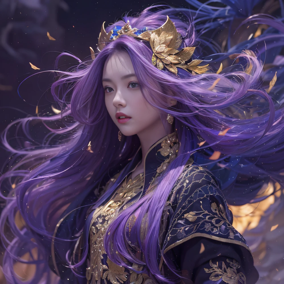 Genki Girl 32K(tmasterpiece,k hd,hyper HD,32K)Long flowing bright purple hair,Autumn Pond,zydink, a color, Asian people (Genki girl), (Silk scarf), Combat posture, looking at the ground, long whitr hair, Floating bright purple, Fire cloud pattern gold tiara, Chinese long-sleeved gold silk garment, (Abstract metaverse splash:1.2), white backgrounid,Lotus vitality protector(realisticlying:1.4),Bright purple hair,Smoke on the road,The background is pure, A high resolution, the detail, RAW photogr, Sharp Re, Nikon D850 Film Stock Photo by Jefferies Lee 4 Kodak Portra 400 Camera F1.6 shots, Rich colors, ultra-realistic vivid textures, Dramatic lighting, Unreal Engine Art Station Trend, cinestir 800,A girl with long flowing bright purple hair