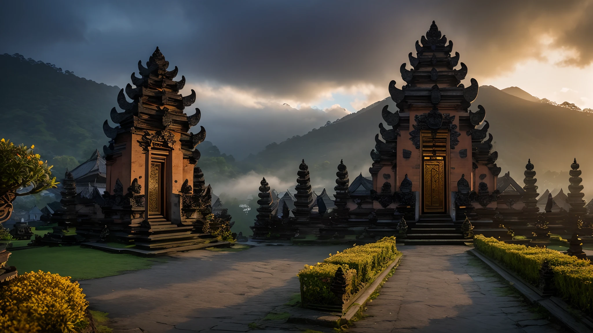 landscape, baligapura gate, stone statue, wall stone, village, stone stairs, yellow cloth, detailed, ornament, bali, tree, grass, flower, frangipani flower tree, epic, dawn, night, moon, yellow light lamp, fog, dramatic lighting, dim light, bokeh, advntr