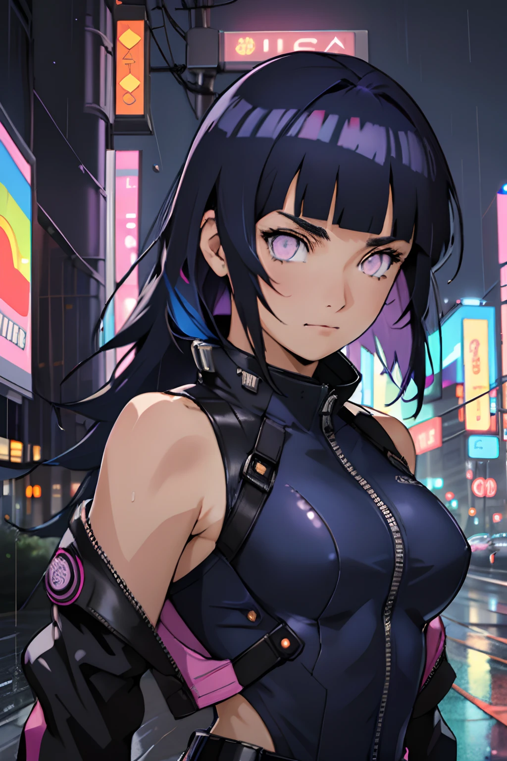 portrait, 1 girl, beautiful face, asymmetrical hair, multi-colored hair, belt, bodysuit, covered mouth, covered navel, detached sleeves, purple eyes, hip vent, open jacket, cute, look at viewer, night city, neon, rainy, Blunt Bangs,dark blue hair