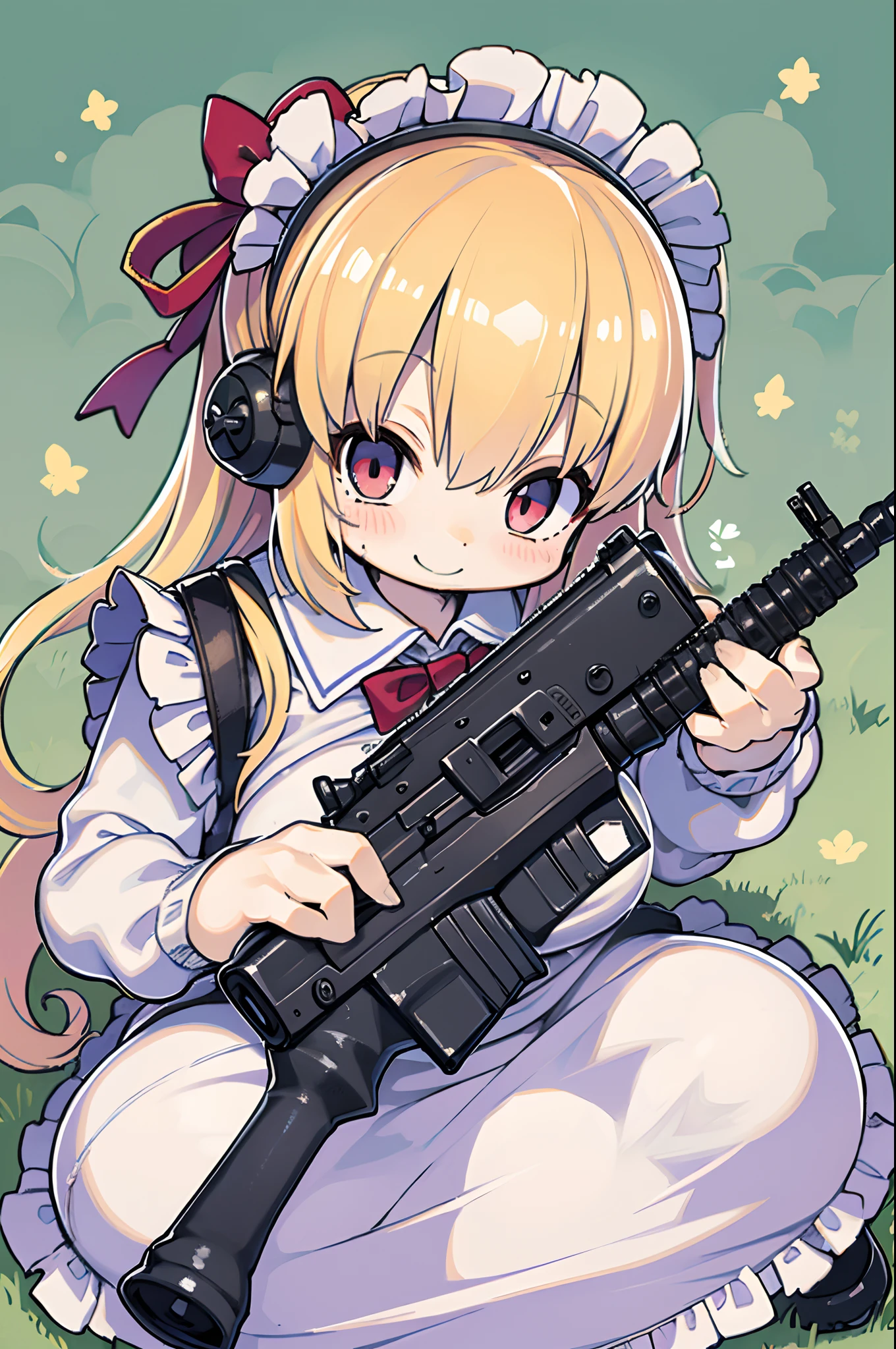 masutepiece, Best Quality, 1girl in, Empty eyes, Utsurome, maid, Smile,a girl,Lori,(((Huge assault rifle)))