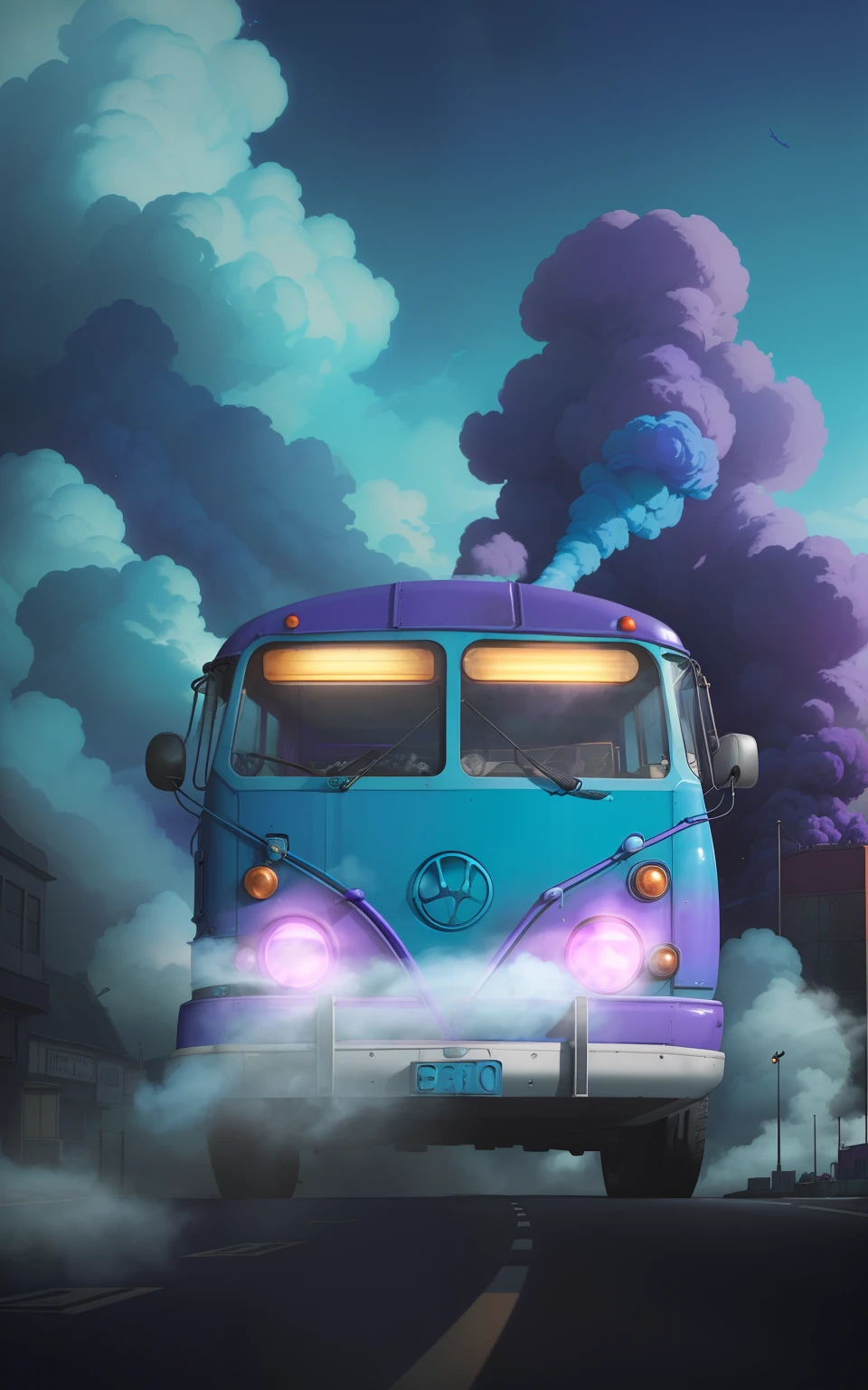 there is a blue and purple bus driving down the road, smoke behind wheels, beeple and jeremiah ketner, rob mcnaughton, beeple and jean giraud, blue and purple vapor, bussiere rutkowski andreas rocha, in clouds of smoke, beeple and mike winkelmann, beeple and tim hildebrandt