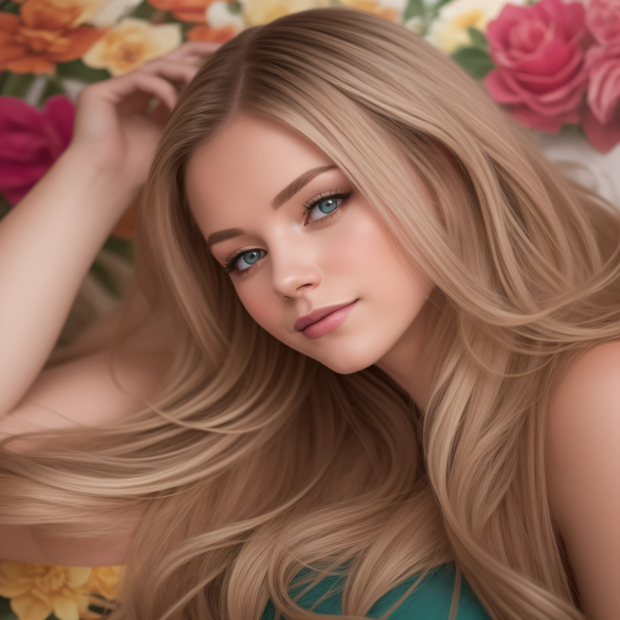 A young and beautiful woman, blondes Haar, that gently falls in waves up to the shoulders, medium height, Size, blaue Augen, helle Haut, She's wearing her cocktail dress, Sie liegt in ihrem Bett, Haarpflege vor dem Schlafengehen, Die Umgebung wird mit Lichtern in warmen und angenehmen Farben beleuchtet, die Ihr Haar zum Strahlen bringen, Sein Antlitz ist von Natur aus heiter, Lippen mit rotem Lippenstift, 8K-Textur, sehr detailliert, Realist, weiches kinoreifes Licht, HDR, Scharfer Fokus, Meisterwerk, fotorealistisch, award-winning photography, Canon EOS R5, 35 mm