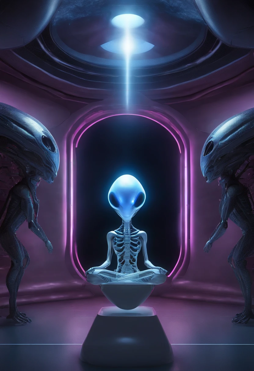 Extraterrestrial mothership, alienígenaígena,Exotic Cosmic Beings, Advanced technology, atmosfera controlada, Geometria sagrada, ethereal light, telepathic communication, energetic harmony, Realidades paralelas, Hyperspace, Seres de Luz, elevated consciousness, Quantum Healing, cell regeneration, reinos espirituais, intergalactic community, Paz universal, cosmic unity, Amor Incondicional, spiritual evolution, interdimensional science, seres multidimensionais, conhecimento ancestral, cosmic serenity, Divine Purpose, sabedoria estelar, transcendence. Alien human inside a futuristic medical research lab serving human alien spirit bodies, Slender-bodied alien inside alien cell regeneration room, Giant multifaceted eye alien exploring alien hologram, Alien in futuristic alien costume inside the extraterrestrial genetic healing lab, Ete-Grey pink and purple alien in innovative alien environment, alien with telepathic abilities inside the alien medical research center, Curious and affectionate hybrid alien inside the futuristic alien laboratory, alien with multiverse view through the almond pupil inside the healing alien light chamber, Alien with bio-organic appendages on an alien humanoid body at the Alien Science Laboratory, alien with telepathic texture details inside the portrait of a humanoid alien, alien exploring the alien environment with advanced 3D modeling technology, Alien in futuristic costume with surreal lighting effects inside the futuristic alien room, alien with alien cybernetic implants in an alien medical research lab, alien with digitally enhanced alien atmosphere, Blue alien with elongated head inside an alien cell regeneration laboratory