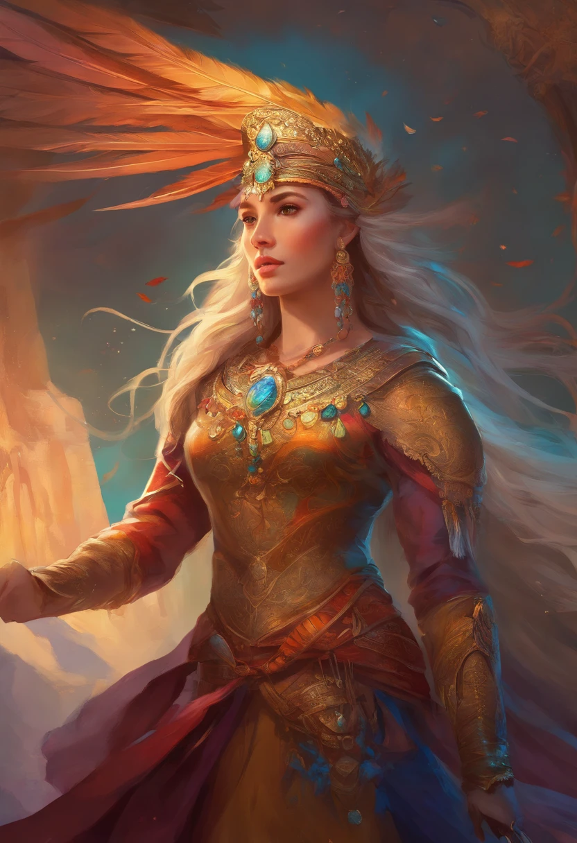 (best quality,realistic),traditional horse riding gear,historical setting,colorful jewelry,ornate headdress,flowing hair,strong and confident pose,beautiful landscape,proud expression,vibrant colors,rich cultural heritage,epic battle scene,warrior princess vibes,sunset lighting,feathers and beads.