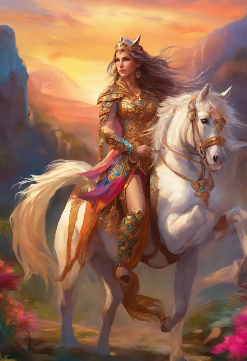 (best quality,realistic),traditional horse riding gear,historical setting,colorful jewelry,ornate headdress,flowing hair,strong and confident pose,beautiful landscape,proud expression,vibrant colors,rich cultural heritage,epic battle scene,warrior princess vibes,sunset lighting,feathers and beads.