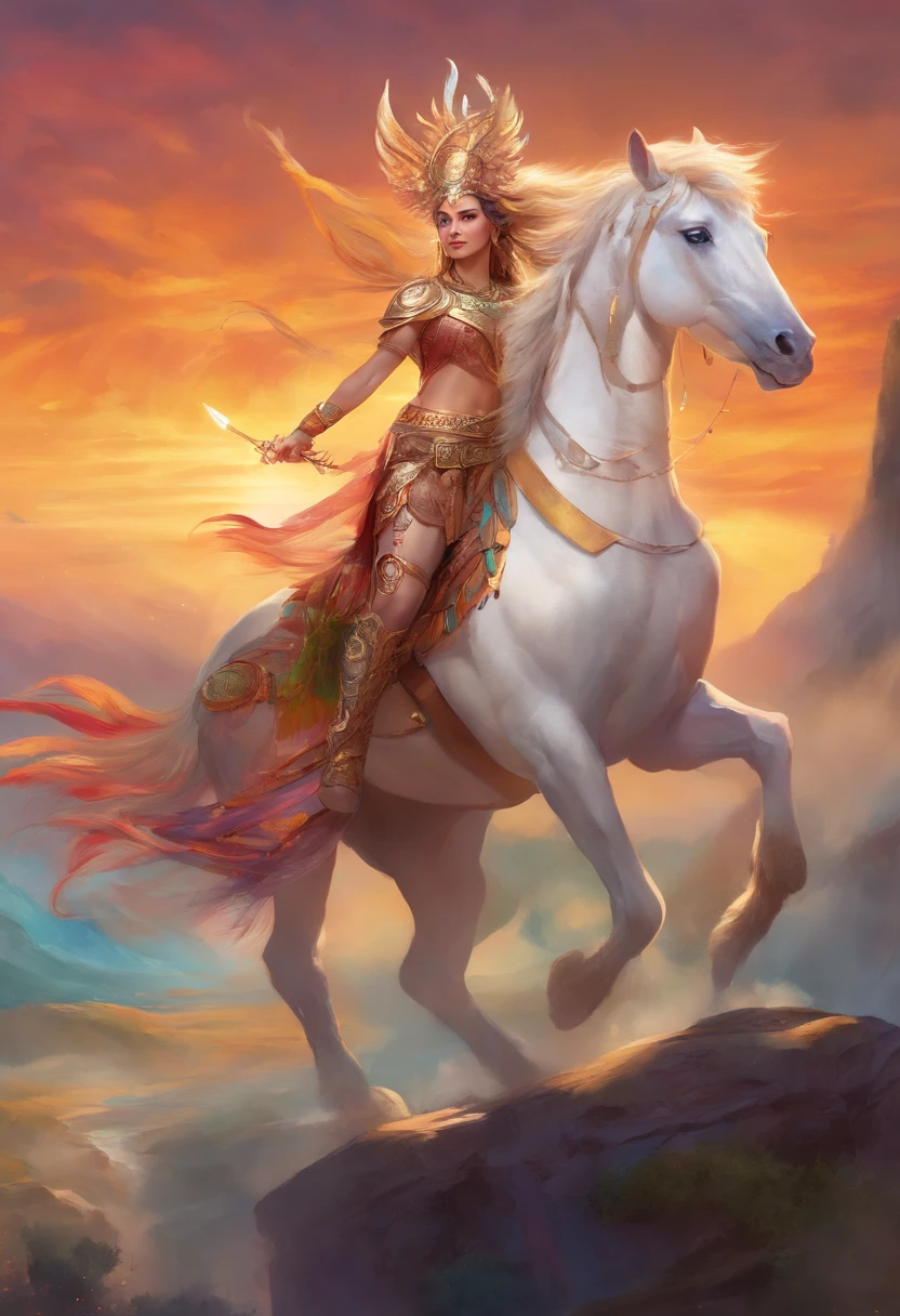 (best quality,realistic),traditional horse riding gear,historical setting,colorful jewelry,ornate headdress,flowing hair,strong and confident pose,beautiful landscape,proud expression,vibrant colors,rich cultural heritage,epic battle scene,warrior princess vibes,sunset lighting,feathers and beads.