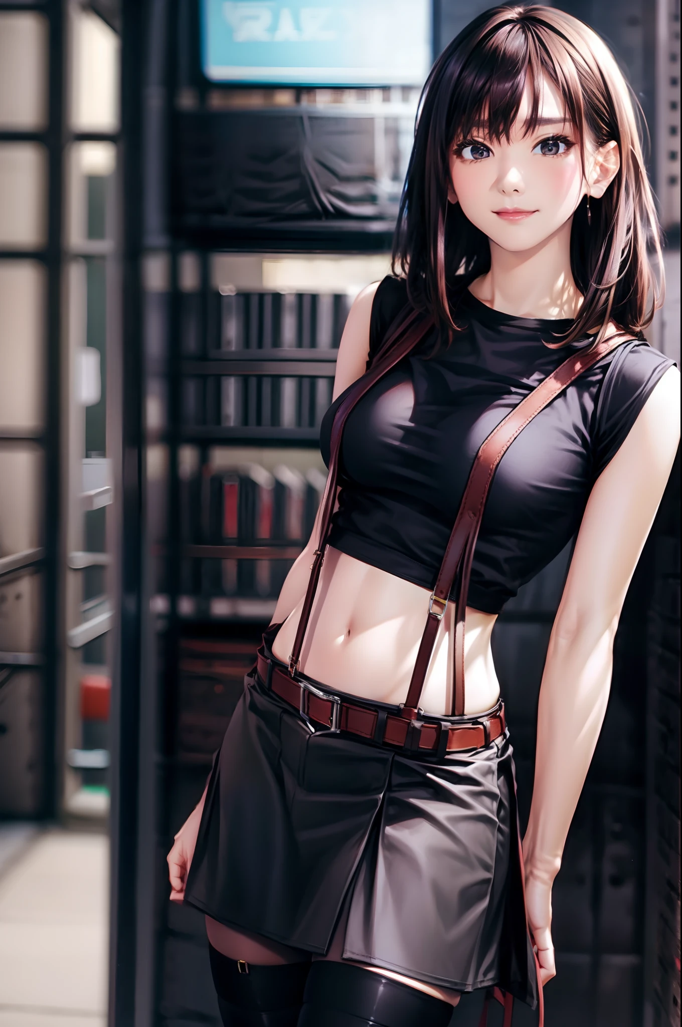 Black skirt, Tank Tops suspenders, Brown hair Gray eyes, Garter belt on the legs, Tight clothes, a belt Armpit sweat deadpan large full breasts short-cut