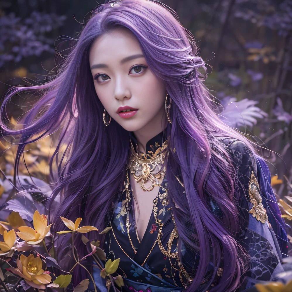 Genki Girl 32K（tmasterpiece，k hd，hyper HD，32K）Long flowing bright purple hair，Autumn Pond，zydink， a color，  Asian people （Genki girl）， （Silk scarf）， Combat posture， looking at the ground， long whitr hair， Floating bright purple， Fire cloud pattern gold tiara， Chinese long-sleeved gold silk garment， （Abstract metaverse splash：1.2）， white backgrounid，Lotus vitality protector（realisticlying：1.4），Bright purple hair，Smoke on the road，The background is pure， A high resolution， the detail， RAW photogr， Sharp Re， Nikon D850 Film Stock Photo by Jefferies Lee 4 Kodak Portra 400 Camera F1.6 shots, Rich colors, ultra-realistic vivid textures, Dramatic lighting, Unreal Engine Art Station Trend, cinestir 800，A girl with long flowing bright purple hair