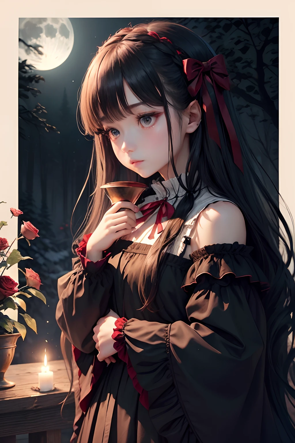 Dark and eerie forest、Full moon in the night sky、Scattering Red Roses、Trumpet sleep from wrist、Ruffled sleeves、、Sleeves with only the wrist open、medieval Europe、Big bright eyes、fleeting、bow ribbon、Straight Long Hair、