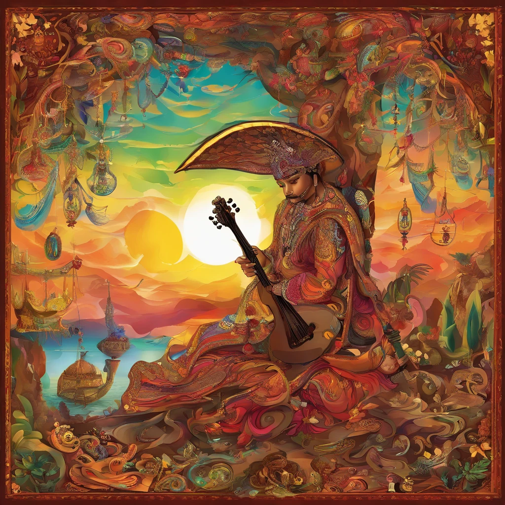 (best quality,highres,ultra-detailed),musician playing a variety of musical instruments,creative lighting,expressive performances,melodious sounds,vibrant colors,artistic compositions,piano,keyboards,violin,guitar,flute,drums,trumpet,saxophone,trombone,cello,harp,xaphoon,accordion,clarinet,ukulele,bass guitar,erhu,hang drum,cymbals,sitar,kalimba,maracas,didgeridoo,tambourine,cowbell,xylophone,djembe,pan flute,harmonica,oud,banjo