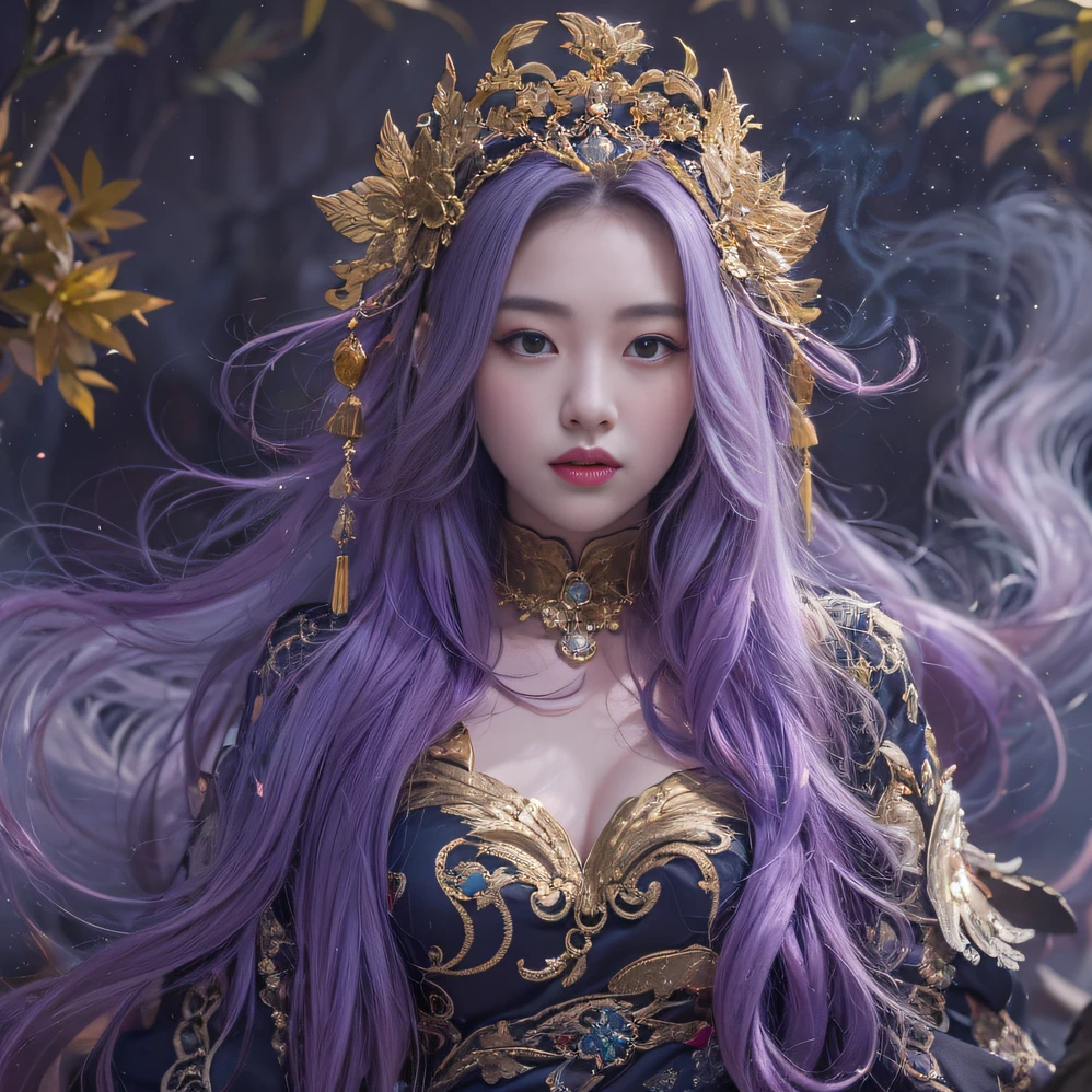 Genki Girl 32K（tmasterpiece，k hd，hyper HD，32K）Long flowing bright purple hair，Autumn Pond，zydink， a color， Asian people （Genki girl）， （Silk scarf）， Combat posture， looking at the ground， long whitr hair， Floating bright purple， Fire cloud pattern gold tiara， Chinese long-sleeved gold silk garment， （Abstract metaverse splash：1.2）， white backgrounid，Lotus vitality protector（realisticlying：1.4），Bright purple hair，Smoke on the road，The background is pure， A high resolution， the detail， RAW photogr， Sharp Re， Nikon D850 Film Stock Photo by Jefferies Lee 4 Kodak Portra 400 Camera F1.6 shots, Rich colors, ultra-realistic vivid textures, Dramatic lighting, Unreal Engine Art Station Trend, cinestir 800，A girl with long flowing bright purple hair