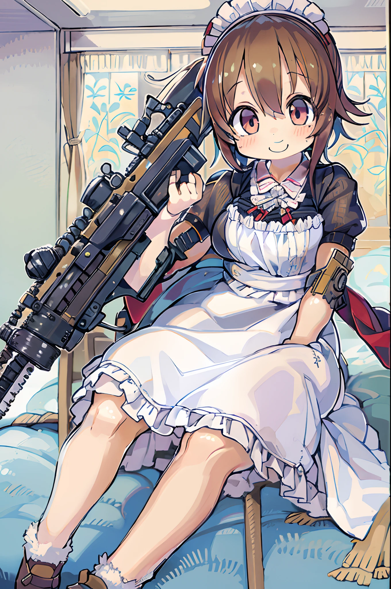 masutepiece, Best Quality, 1girl in, Empty eyes, Utsurome, maid, Smile,a girl,Lori,(((Huge assault rifle)))