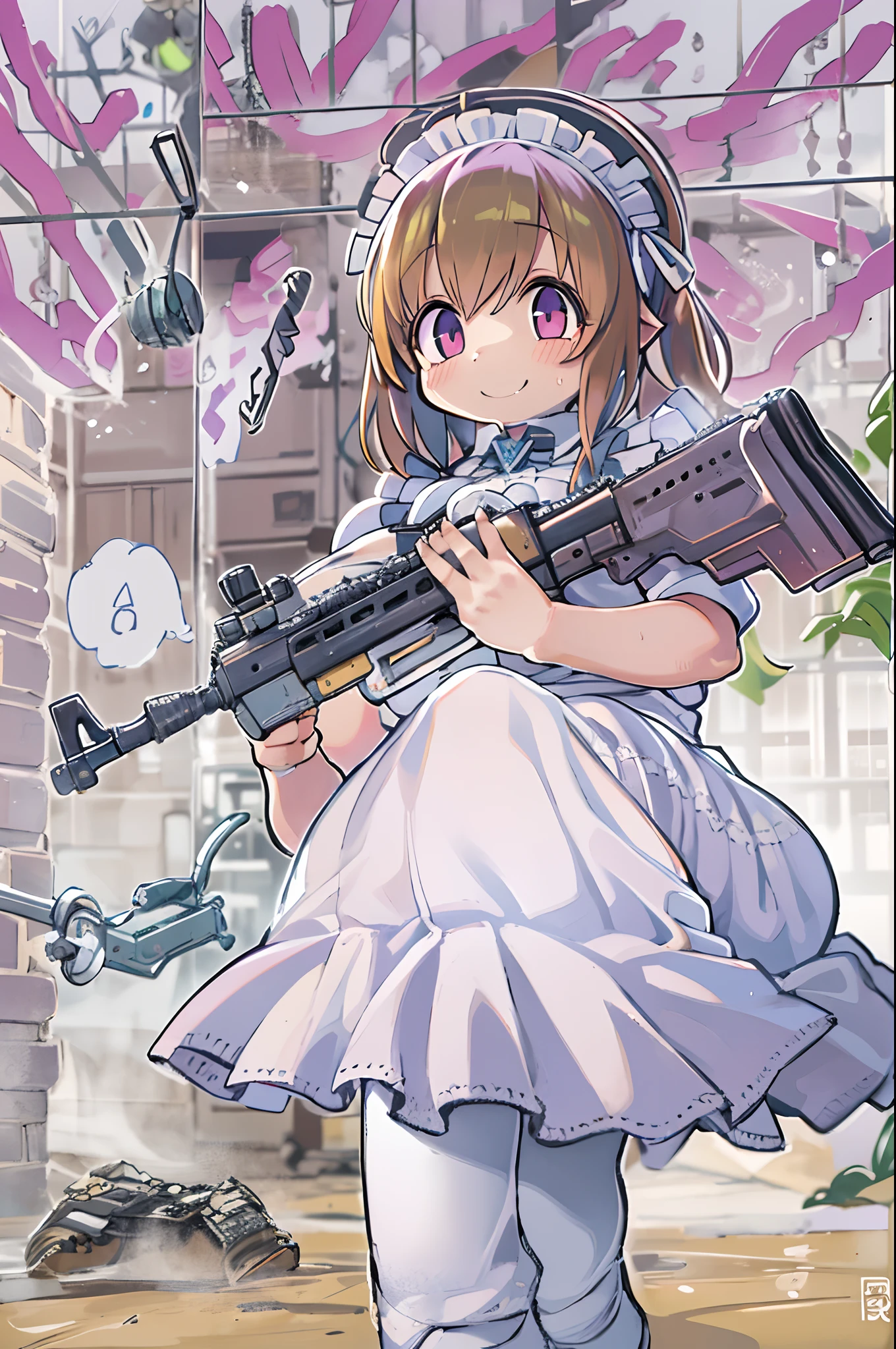 masutepiece, Best Quality, 1girl in, Empty eyes, Utsurome, maid, Smile,a girl,Lori,(((Huge assault rifle)))
