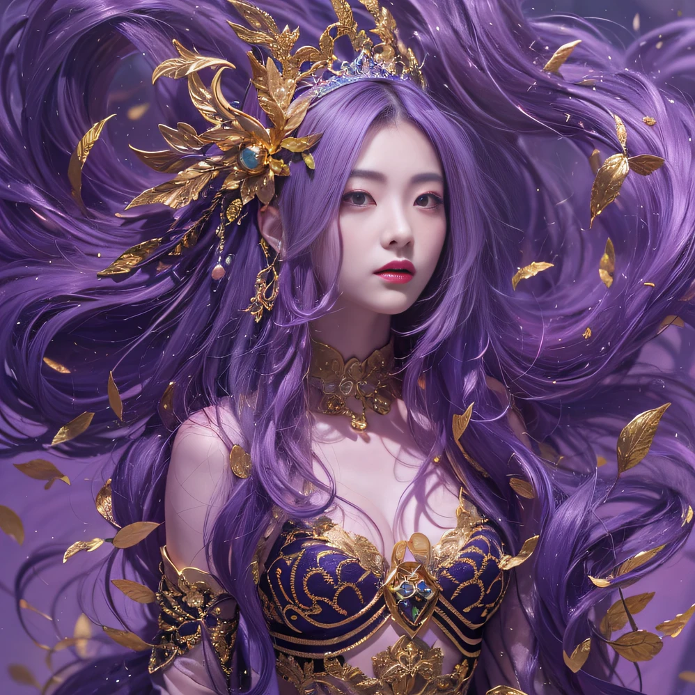 Genki Girl 32K（tmasterpiece，k hd，hyper HD，32K）Long flowing bright purple hair，Autumn Pond，zydink， a color，  Asian people （Genki girl）， （Silk scarf）， Combat posture， looking at the ground， long whitr hair， Floating bright purple， Fire cloud pattern gold tiara， Chinese long-sleeved gold silk garment， （Abstract metaverse splash：1.2）， white backgrounid，Lotus vitality protector（realisticlying：1.4），Bright purple hair，Smoke on the road，The background is pure， A high resolution， the detail， RAW photogr， Sharp Re， Nikon D850 Film Stock Photo by Jefferies Lee 4 Kodak Portra 400 Camera F1.6 shots, Rich colors, ultra-realistic vivid textures, Dramatic lighting, Unreal Engine Art Station Trend, cinestir 800，A girl with long flowing bright purple hair