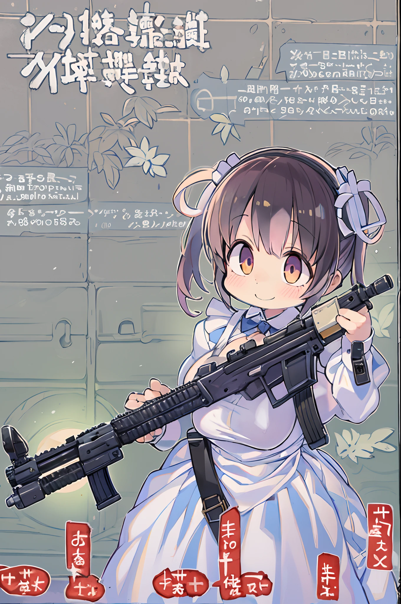 (masterpiece:1.2, best quality), (highly detailed:1.3), (magazine cover), 1girl, 10yo loli, (white panties), (white bra), (holding a gun), serious, white background,