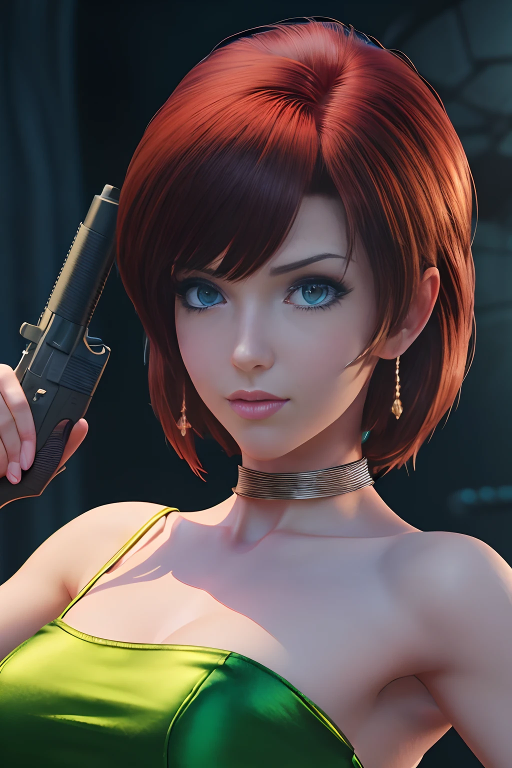 a close up of a woman holding a gun in a green dress, realistic anime 3 d style, rendered in sfm, game cg, anime styled 3d, glamorous jill valentine, artgerm ; 3d unreal engine, faye valentine, perfect dark, 3 d anime realistic, 3d anime girl, sfm render, anya from spy x family, anime cgi style