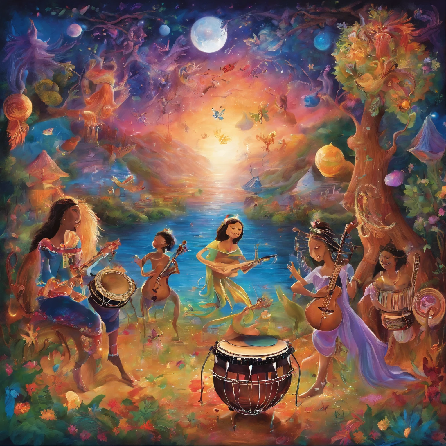 (best quality,highres,ultra-detailed),musician playing a variety of musical instruments,creative lighting,expressive performances,melodious sounds,vibrant colors,artistic compositions,piano,keyboards,violin,guitar,flute,drums,trumpet,saxophone,trombone,cello,harp,xaphoon,accordion,clarinet,ukulele,bass guitar,erhu,hang drum,cymbals,sitar,kalimba,maracas,didgeridoo,tambourine,cowbell,xylophone,djembe,pan flute,harmonica,oud,banjo